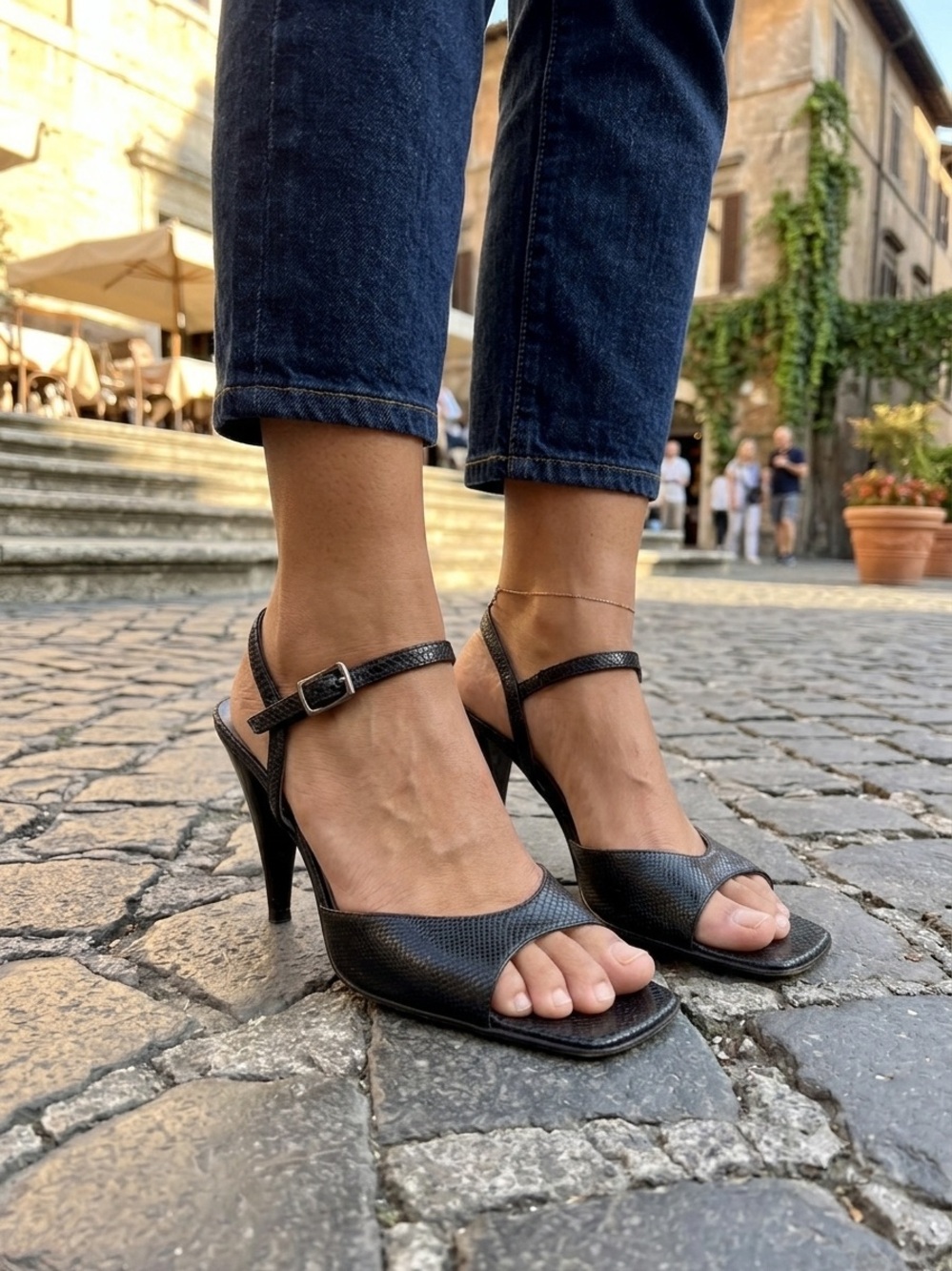 Gucci Black Textured Leather Open-Toe Ankle Strap Heels 6.5